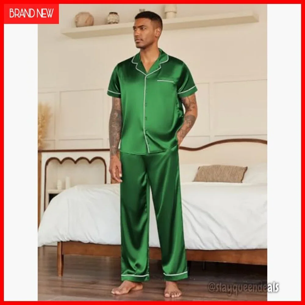 Men's Satin Pajama Set Short Sleeve Button Down Sleepwear Lounge Set Large